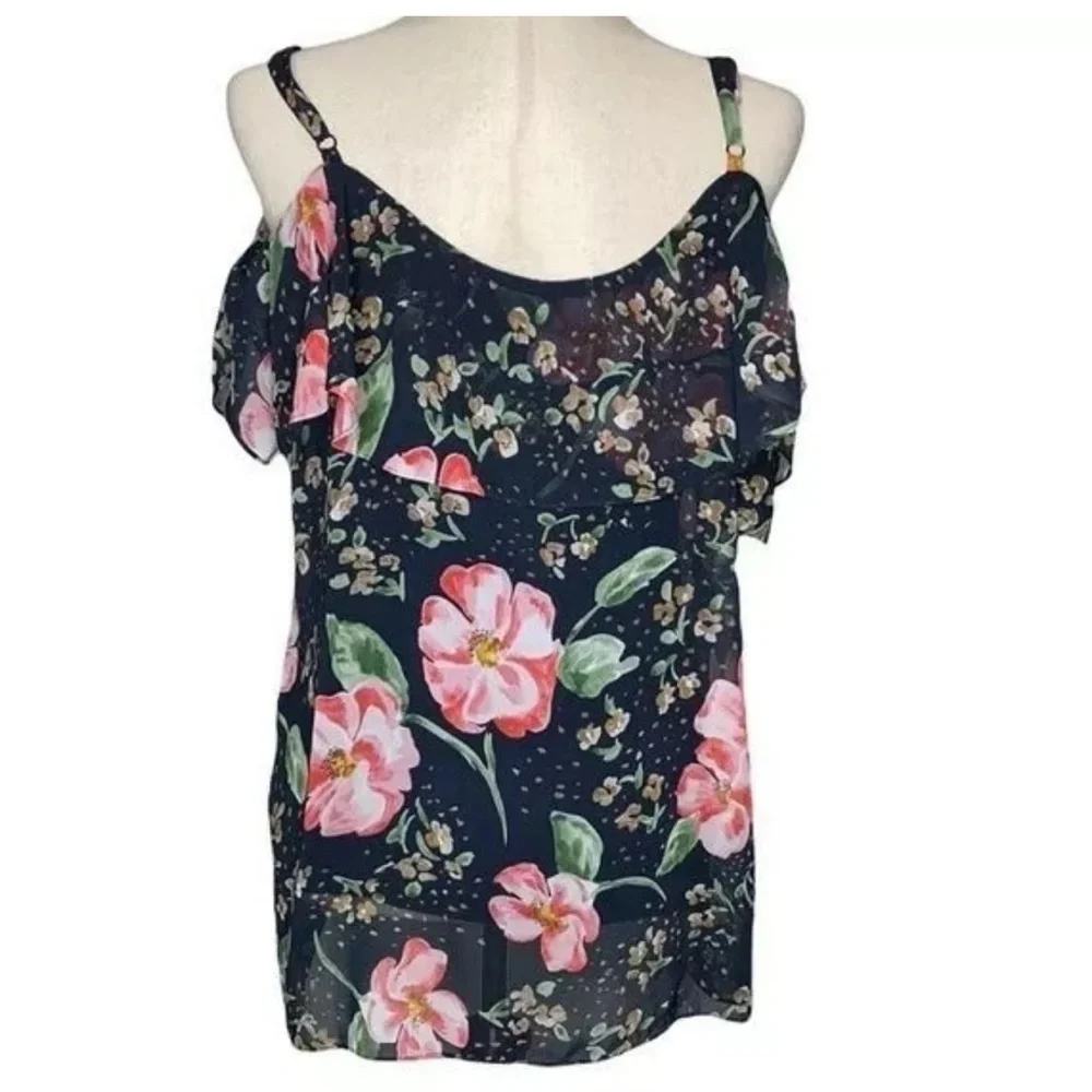 Cabi‎ #5220 Fairytale Floral Cold Shoulder Ruffle Sleeve Blouse Sz L blue